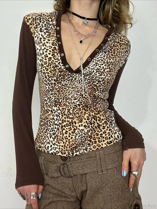 Leopard Patchwork Hooded Slim V-Neck Long Sleeve Knit Top Brown / S knittop-250126