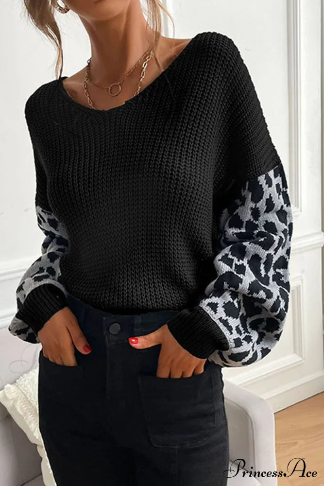 Leopard Patchwork Pullover Sweater Black / M Sweaters-L
