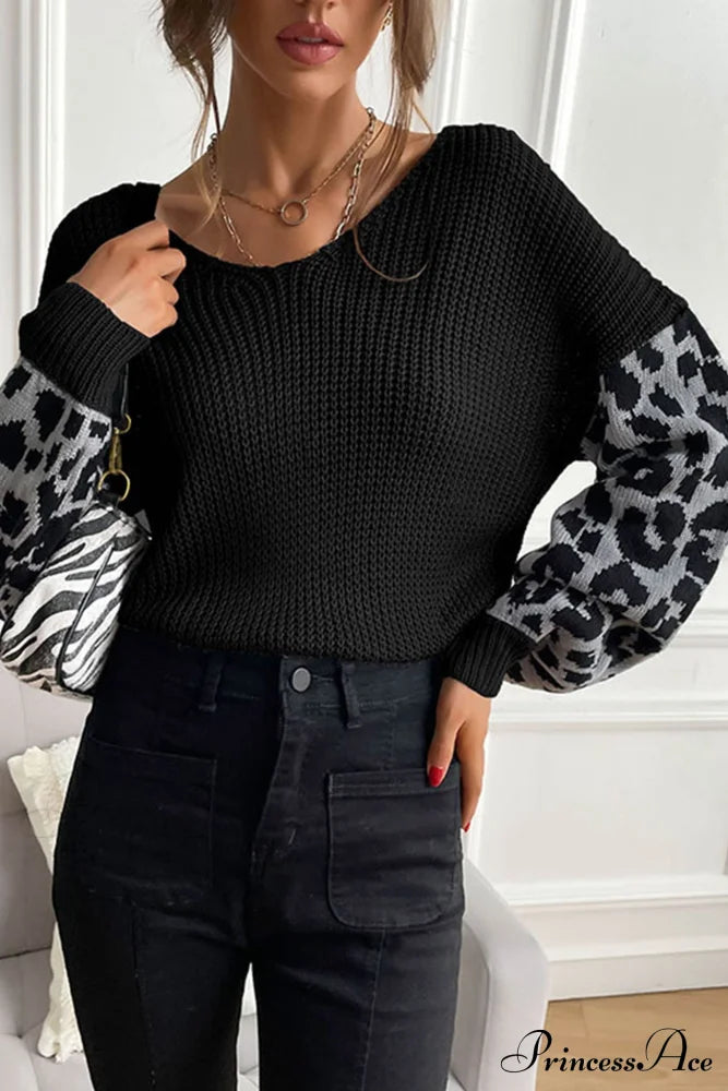 Leopard Patchwork Pullover Sweater Black / S Sweaters-L