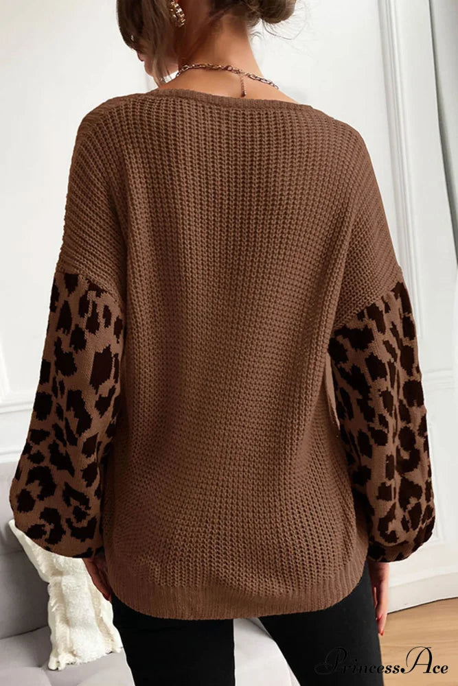 Leopard Patchwork Pullover Sweater Coffee / L Sweaters-L