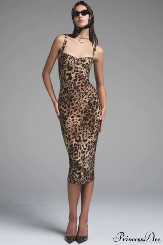 Leopard Print Bodycon Spaghetti Midi Dress Brown / S
