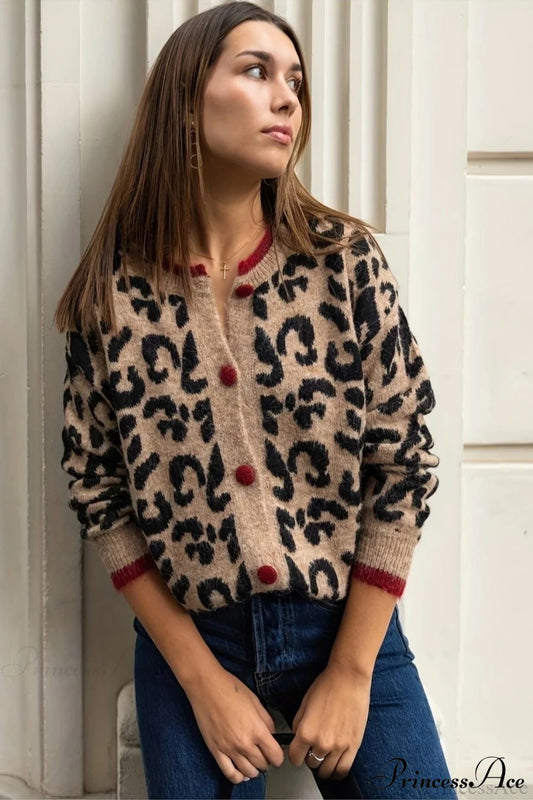 Leopard Print Crewneck Cardigan Sweater Brown / S