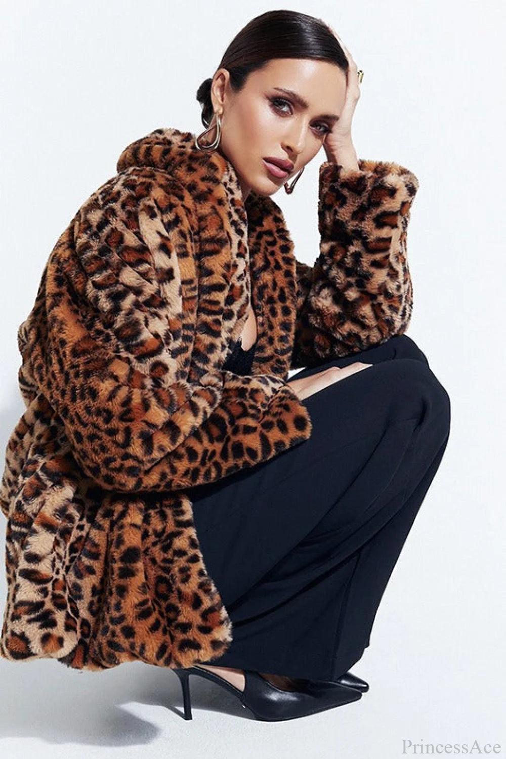 Leopard Print Faux Fur Collar Vintage Coat