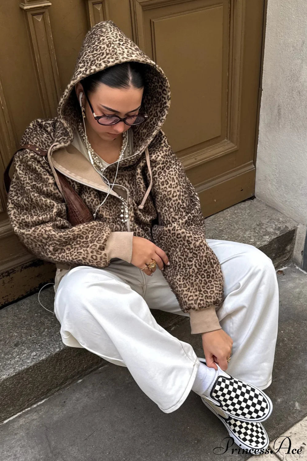 Leopard Print Fuzzy Zip Hoodie Brown / S