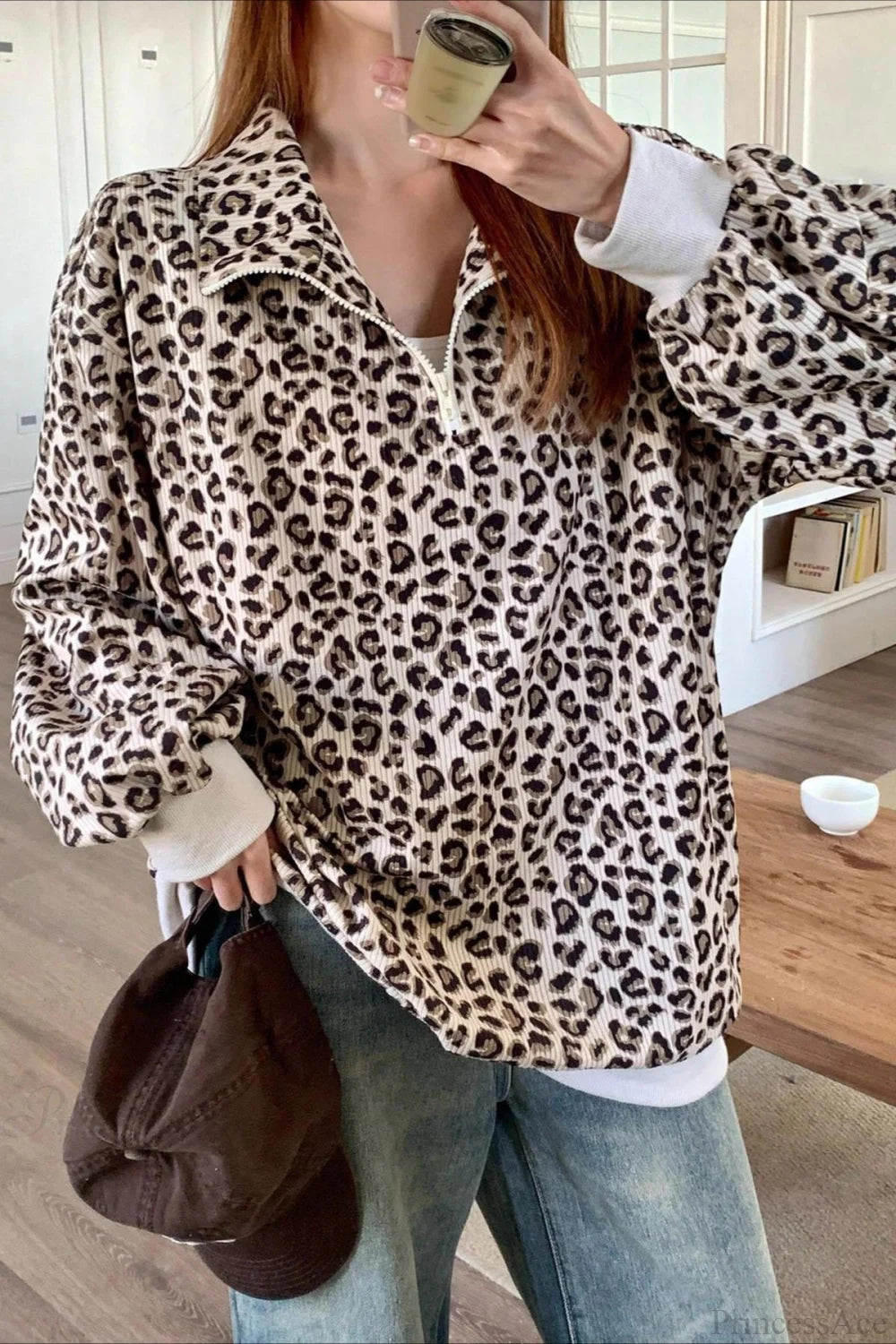 Leopard Print Half-Zip V-Neck Long Sleeve Sweatshirt Apricot / S