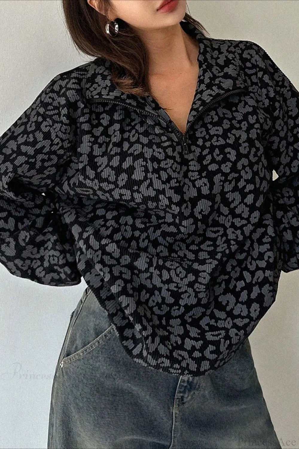 Leopard Print Half-Zip V-Neck Long Sleeve Sweatshirt Black / S