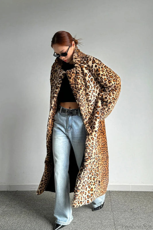 Leopard Print Notched Collar Longline Faux Fur Overcoat
