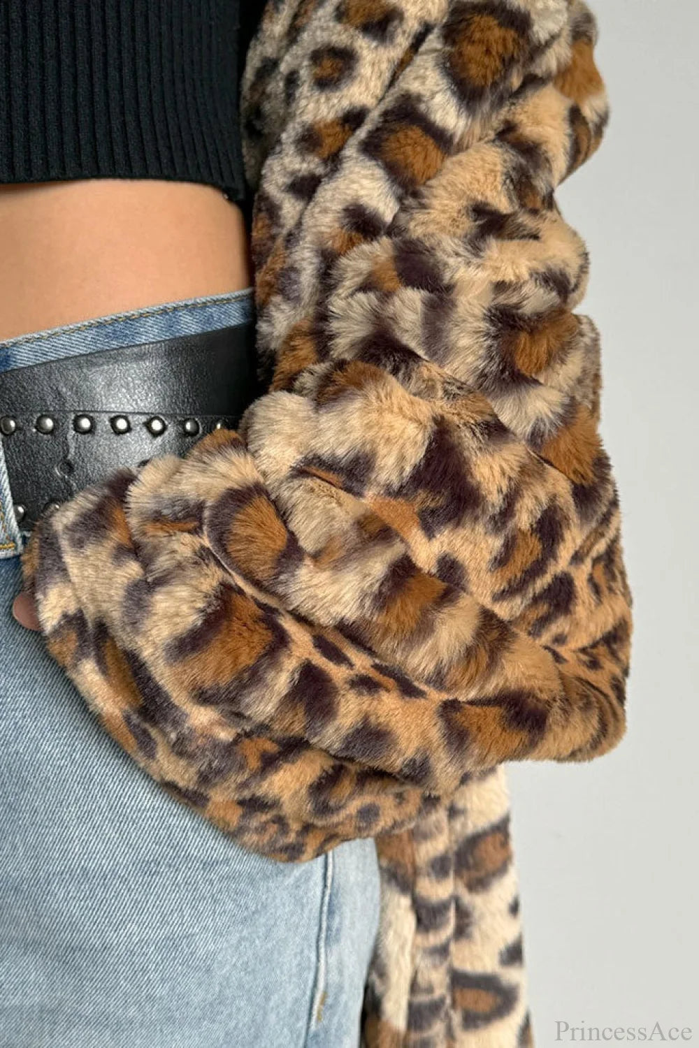Leopard Print Notched Collar Longline Faux Fur Overcoat