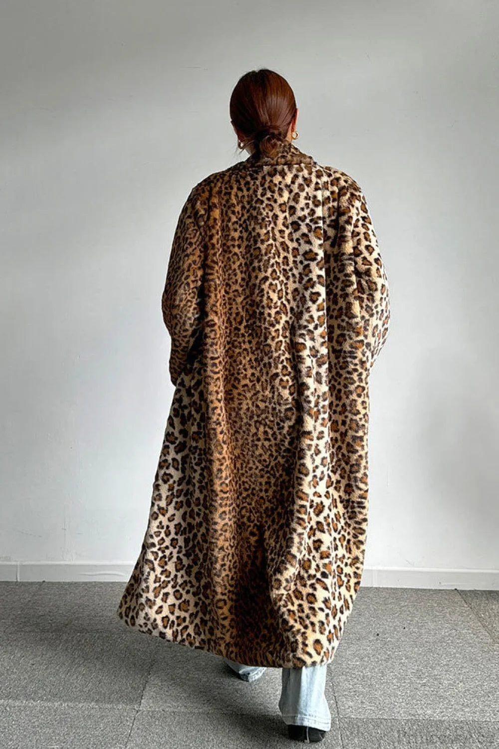 Leopard Print Notched Collar Longline Faux Fur Overcoat