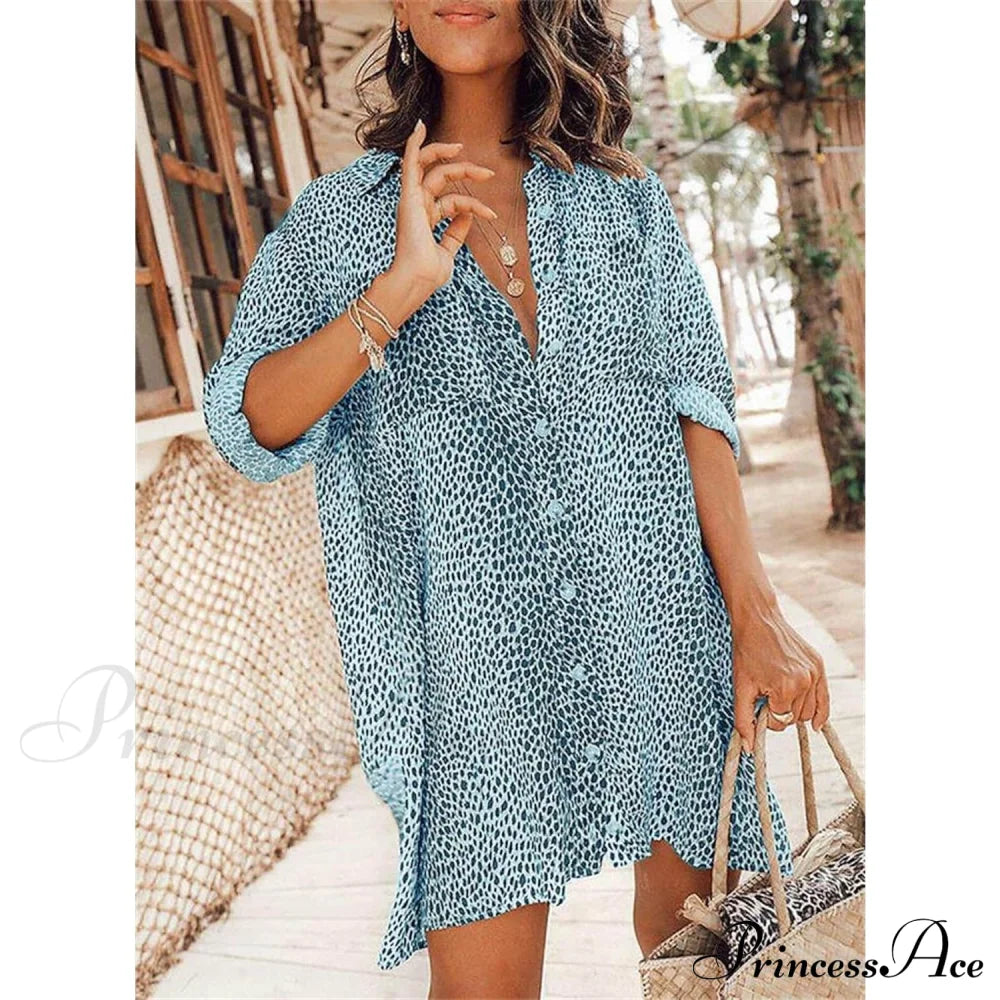 Women's Casual Leopard Print Shirt Dress Light Blue __stock:200 casual dresses clothes dresses refund_fee:1200