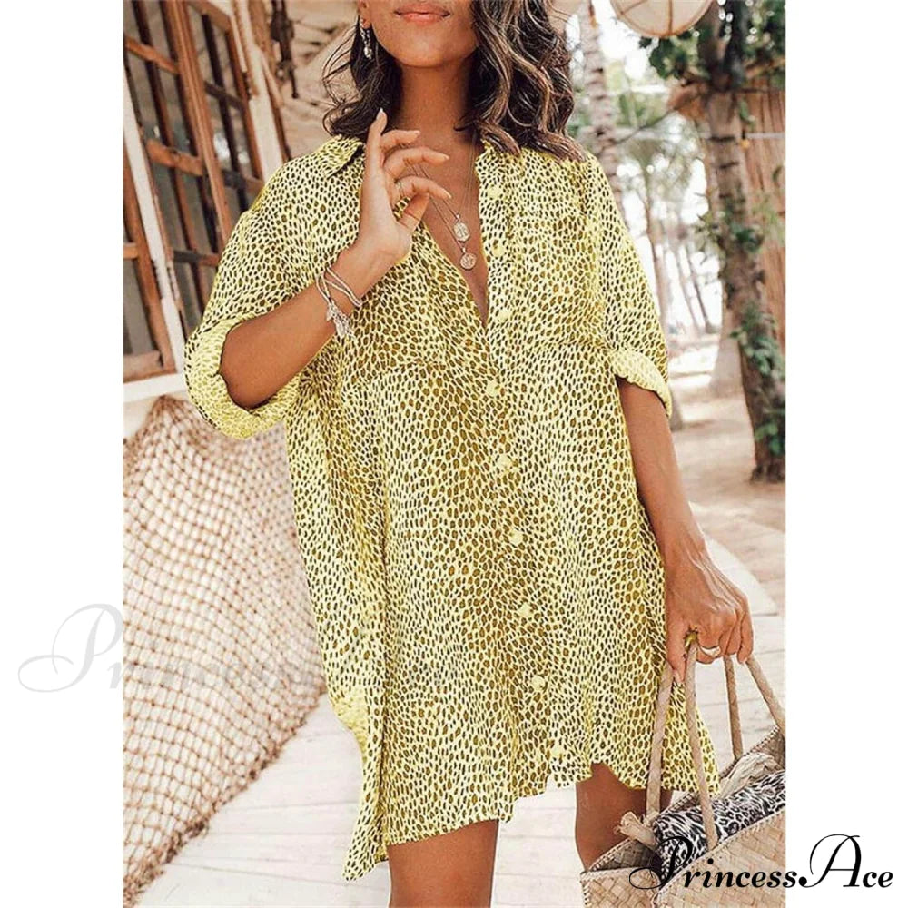 Women's Casual Leopard Print Shirt Dress Yellow __stock:200 casual dresses clothes dresses refund_fee:1200