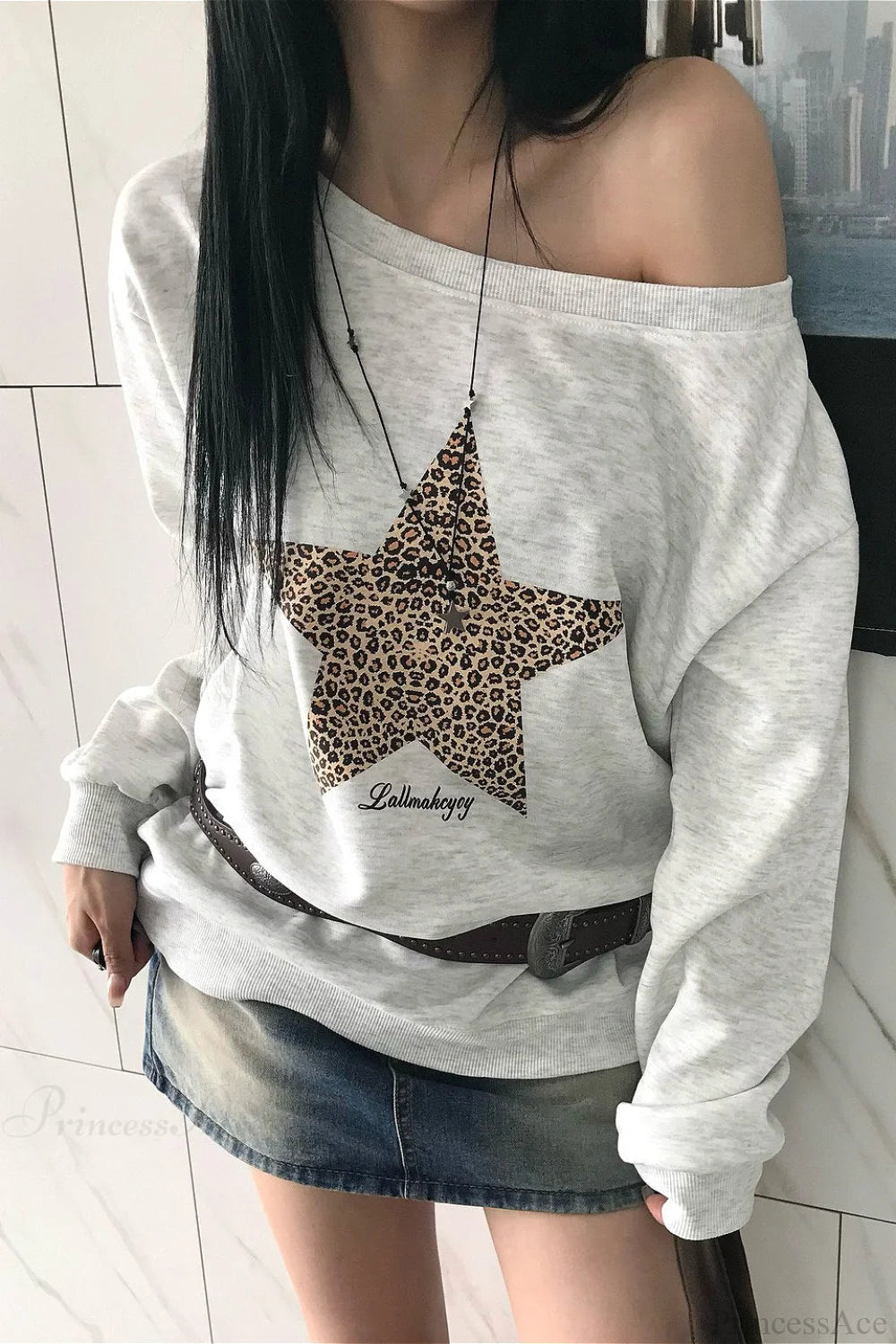 Leopard Print Star Slant Neck Off Shoulder Sweatshirt Grey / S