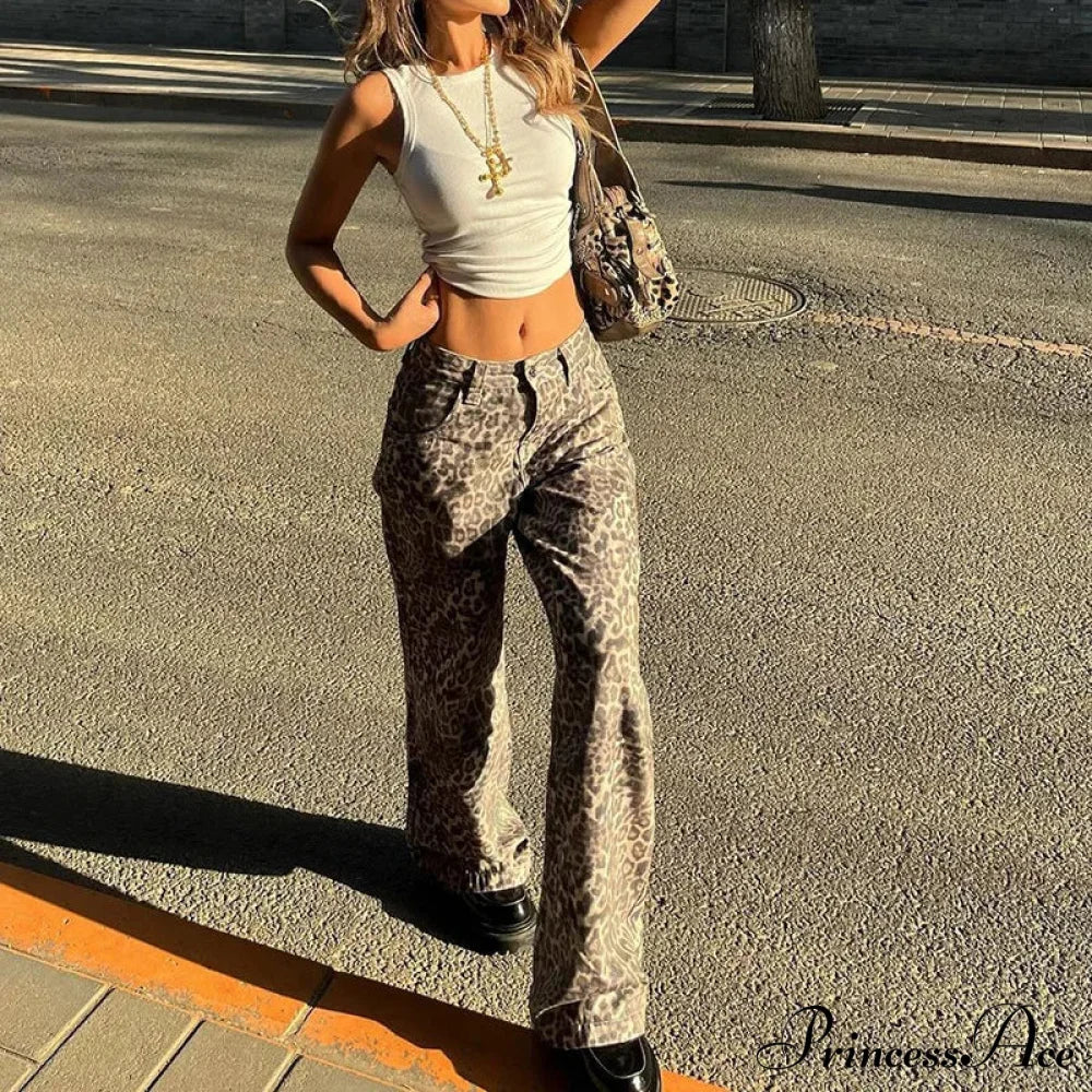 Leopard Print Stylish Straight Trousers Long