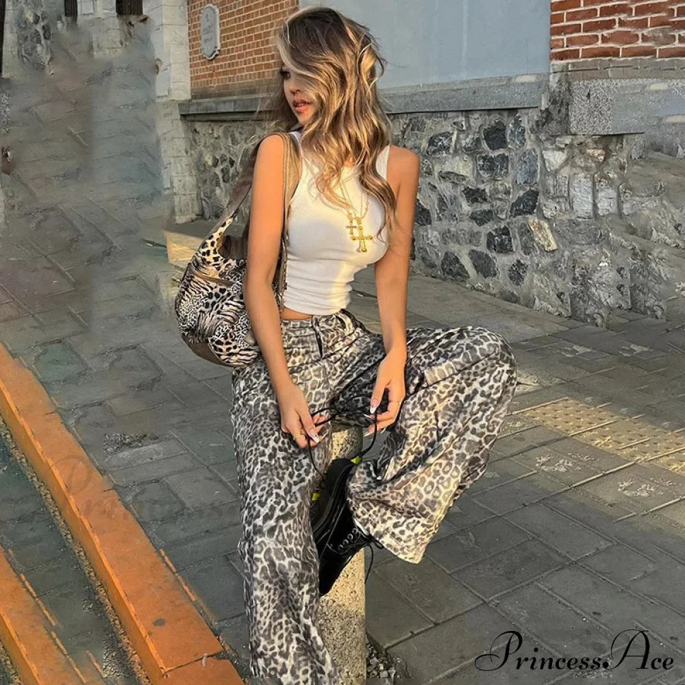Leopard Print Stylish Straight Trousers Long