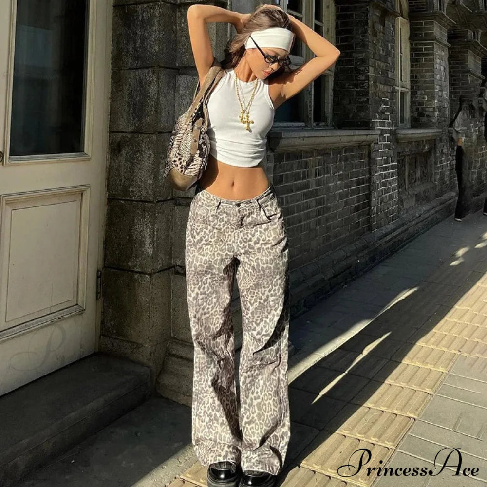 Leopard Print Stylish Straight Trousers Long