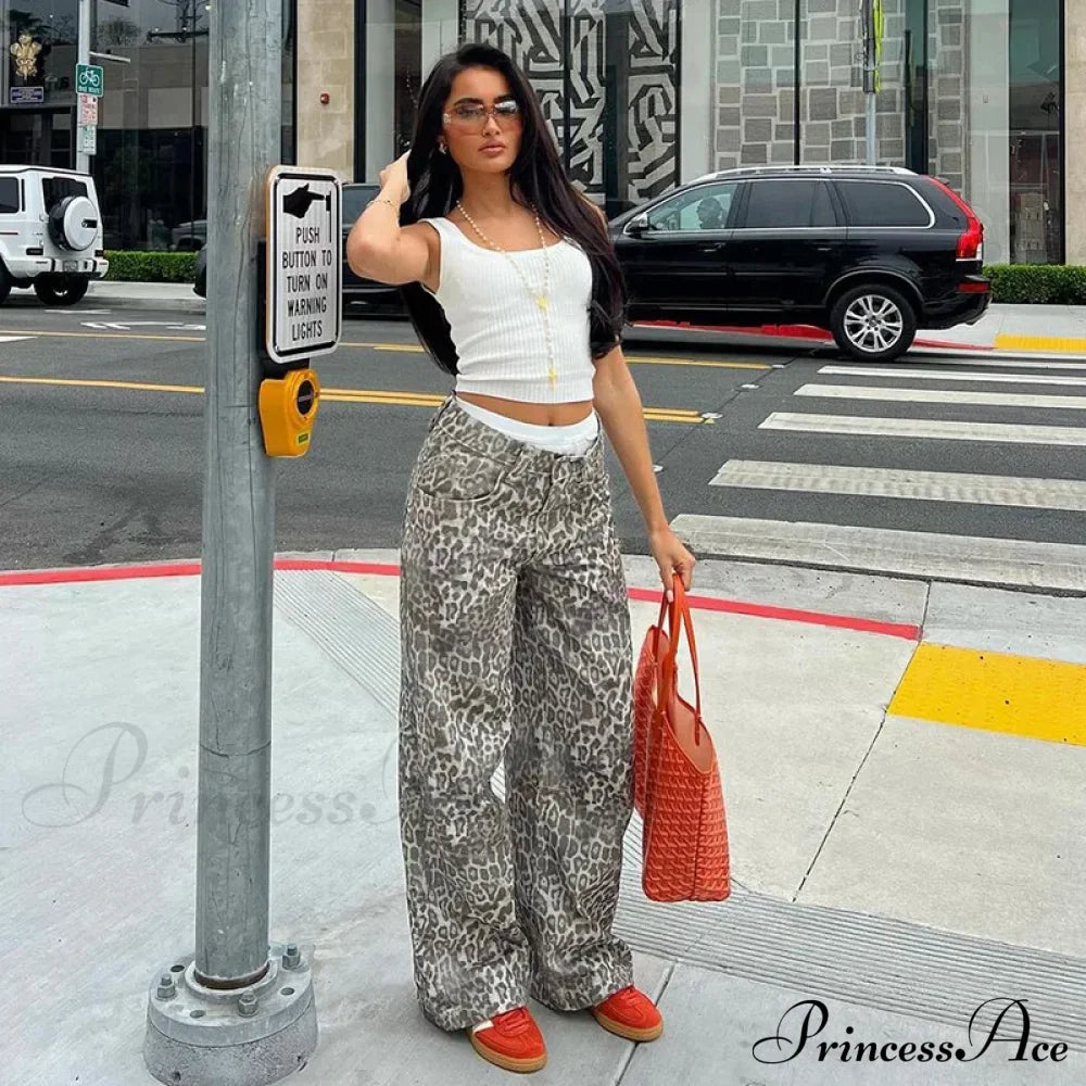 Leopard Print Stylish Straight Trousers Long
