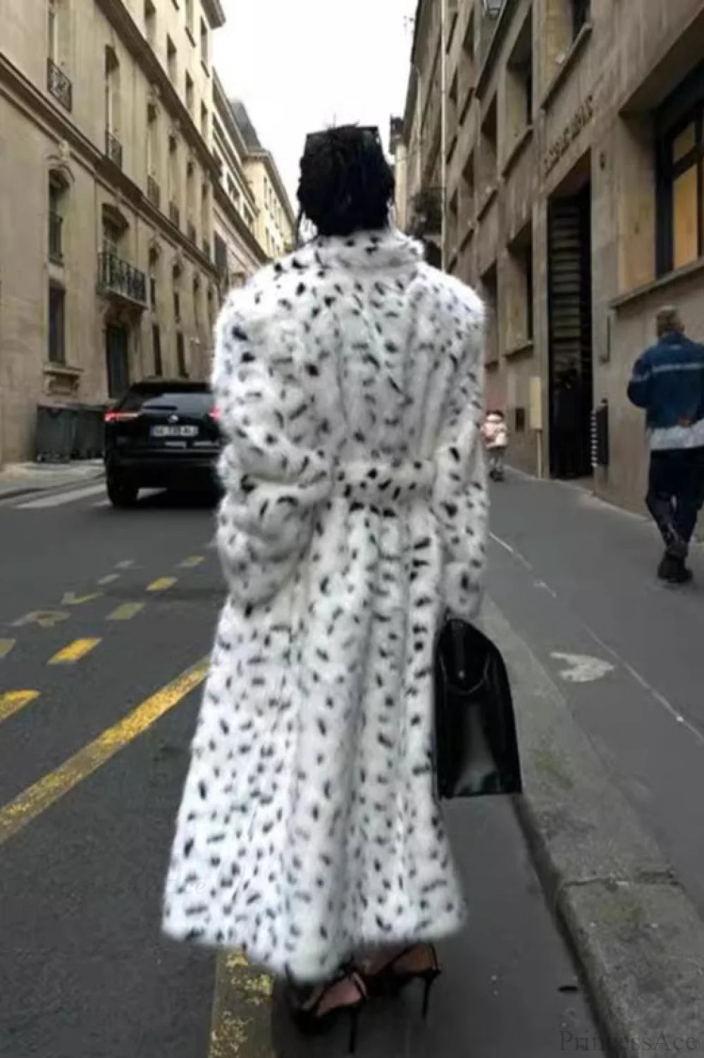 leopard print Warm Faux Fox Fur Notched Collar Loose Overcoat