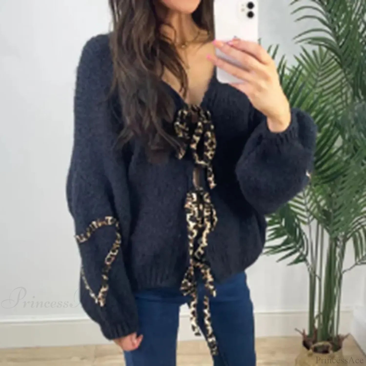 Leopard Ribbon Tie V-Neck Cardigan Black / S Cardigan-241208