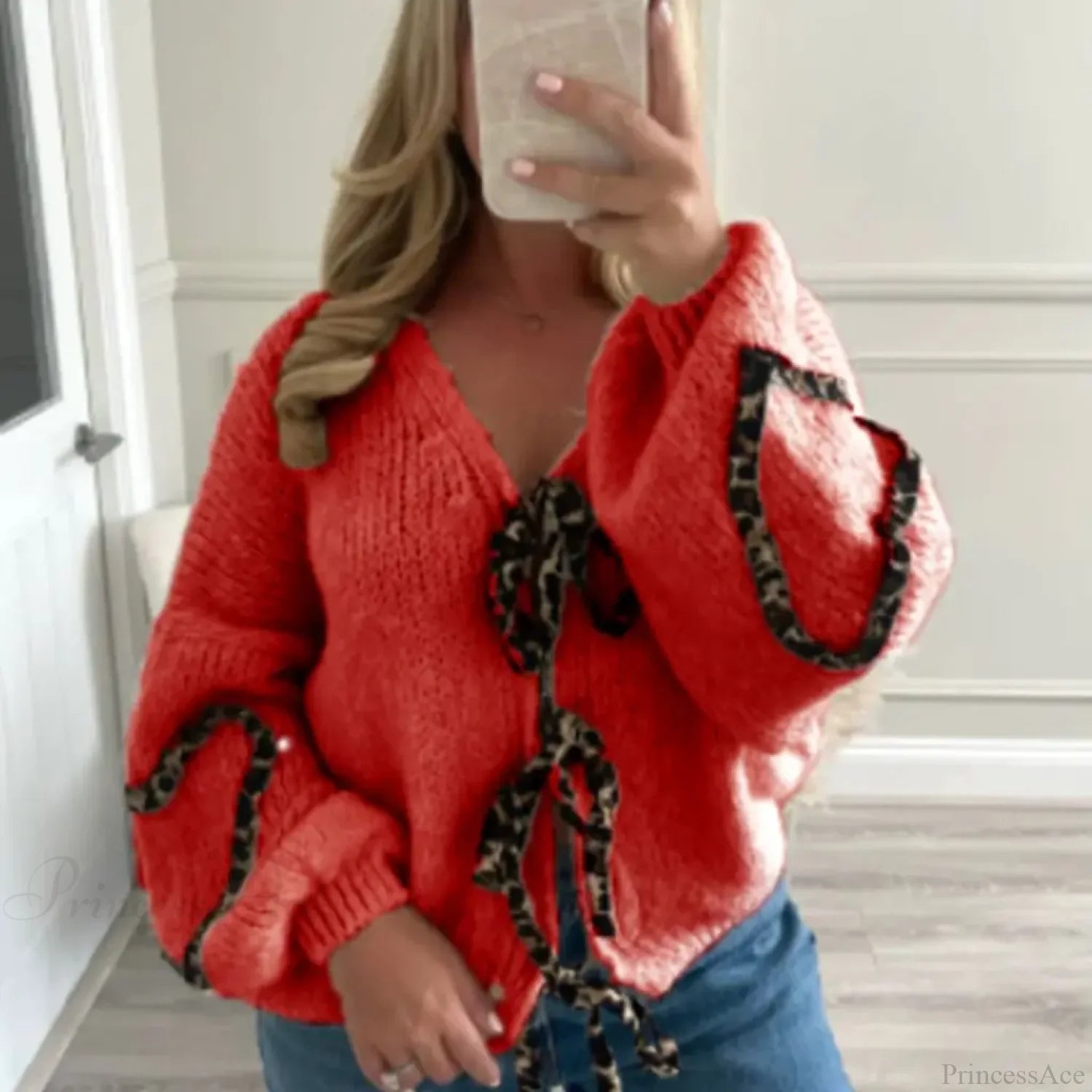 Leopard Ribbon Tie V-Neck Cardigan Red / S Cardigan-241208