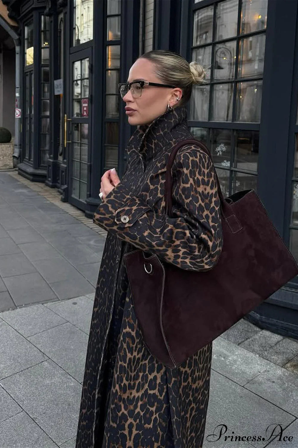Leopard Stand Collar Stylish Long Overcoat