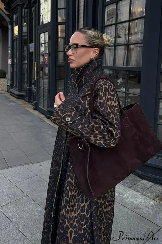 Leopard Stand Collar Stylish Long Overcoat