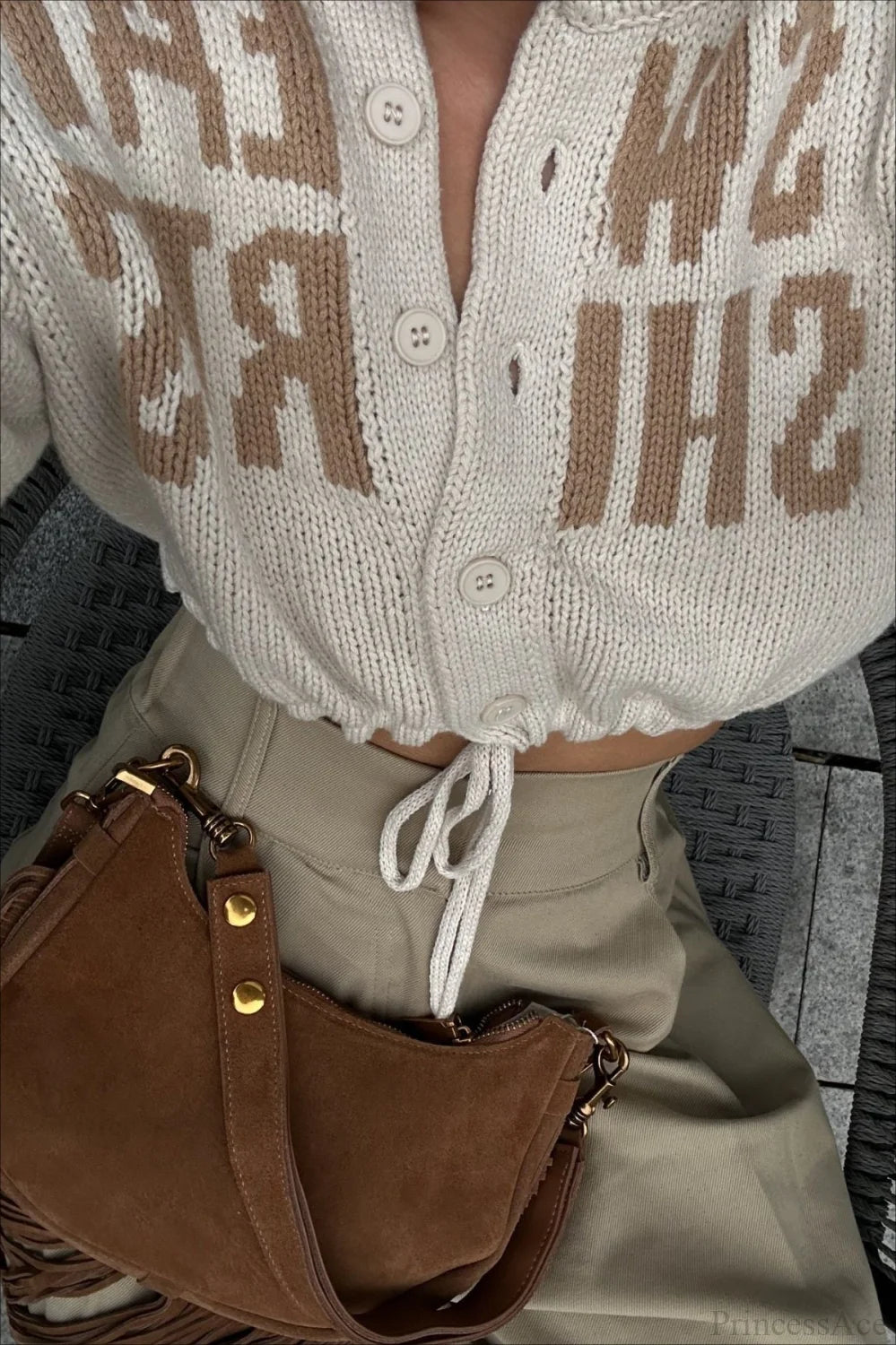 Letter Jacquard Cropped Drawcord Cardigan Sweater