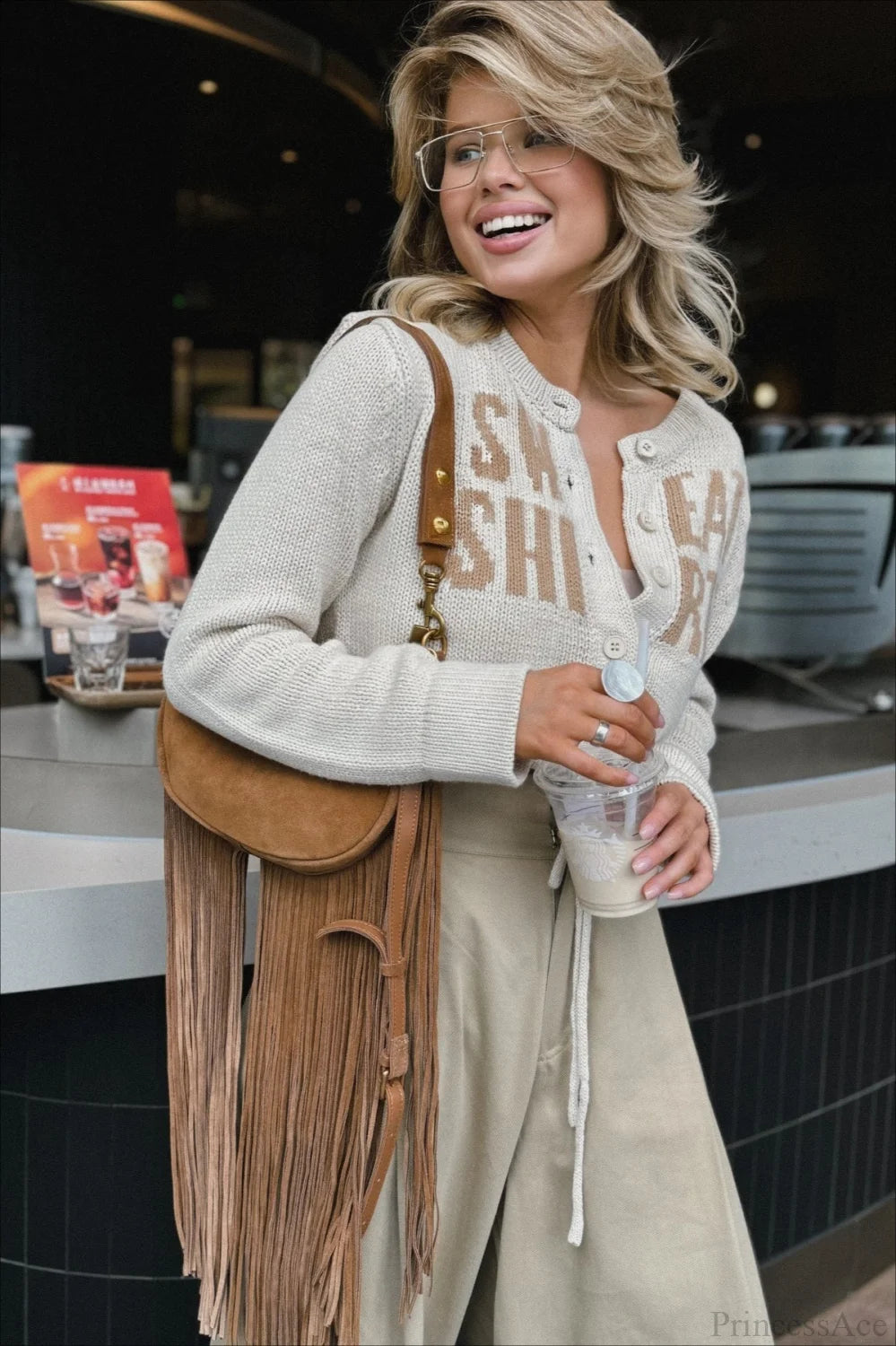 Letter Jacquard Cropped Drawcord Cardigan Sweater Khaki / S