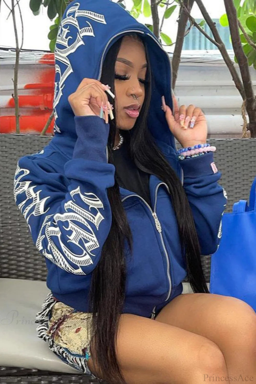 Letter Print Drawstring Hoodie Blue / S