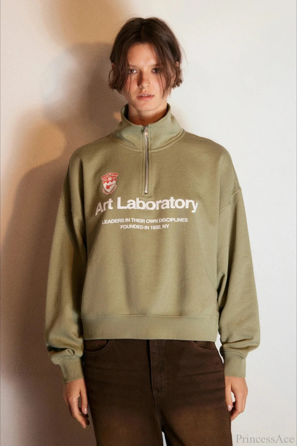 Letter Print Half Zip Stand Collar Loose Sweatshirts