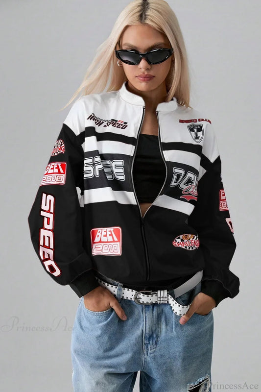 Letter Print Long Sleeve Fashion Jacket Black / XS