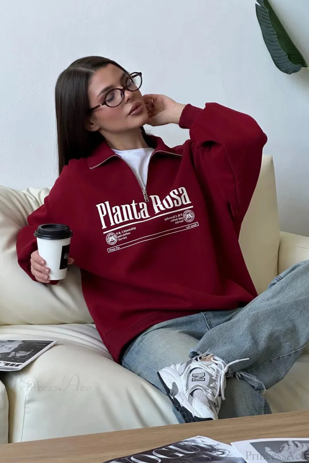 Letter Print Relaxed Convertible Collar Half-Zip Sweatshirt