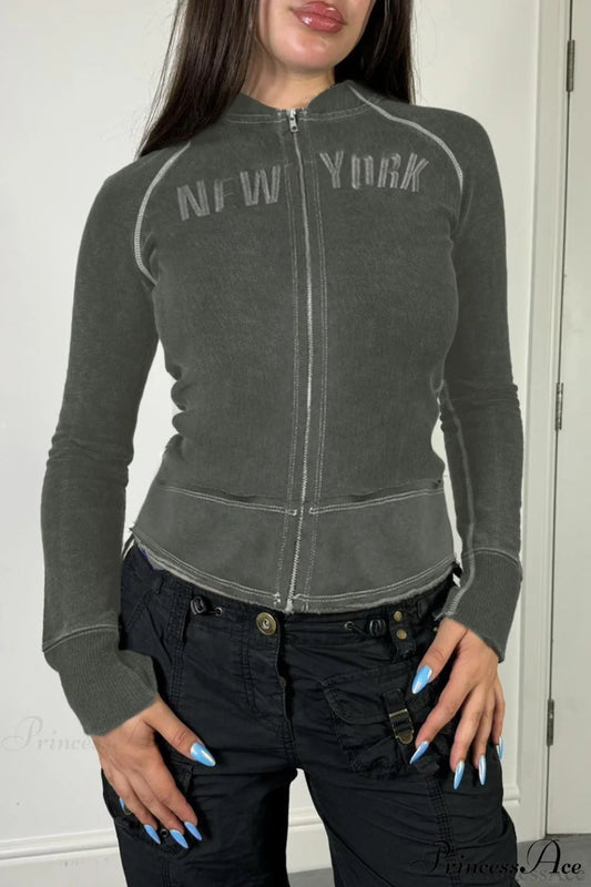 Letter Print Slim Paneled Stand Collar Hoodie Grey / S