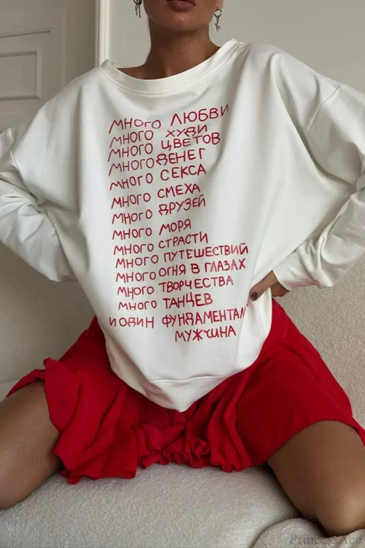 Letter Print Versatile Loose Crew Neck Long Sleeve Tee White / S