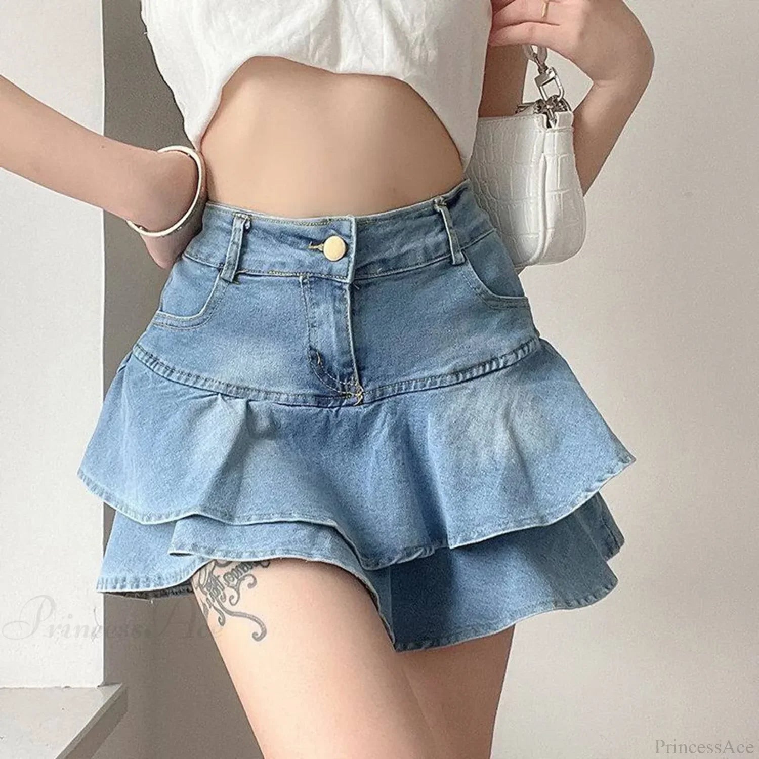 Light Blue Ruffled Denim Skirt skirts-250223