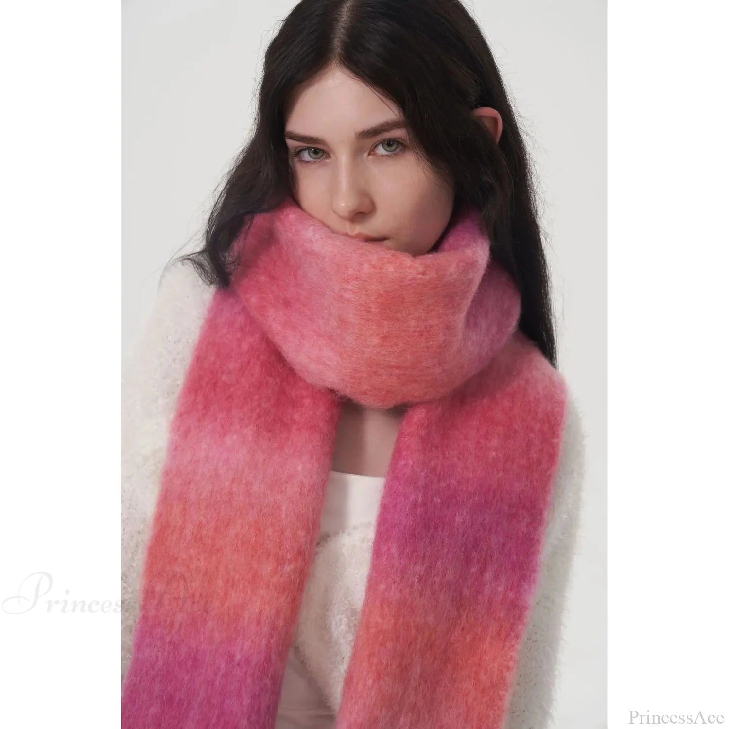 Light Luxury Gradient Color Wool Striped Fringed Mohair Scarf Pink / L221Cm W24Cm Scarfs-L
