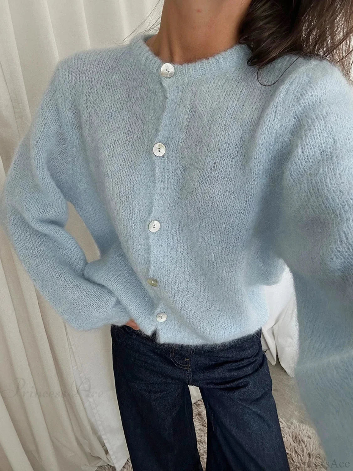 Lightweight Long Sleeve Solid Knit Cardigan blue / S