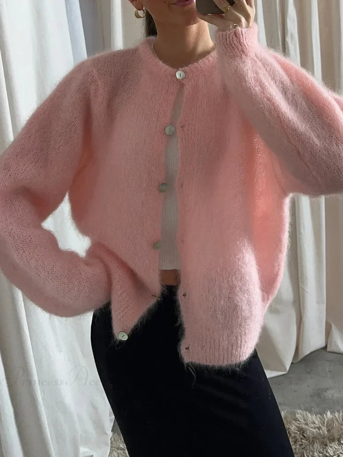 Lightweight Long Sleeve Solid Knit Cardigan pink / S