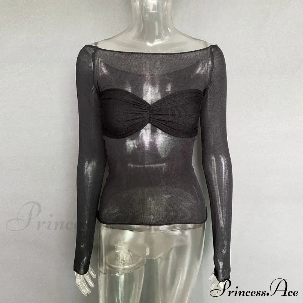 New Fashion Women's Clothing Lightweight See-Through Neck T-Shirt Top Black blouse Clothes long sleeve shirts long sleeve top shirt shirts tops