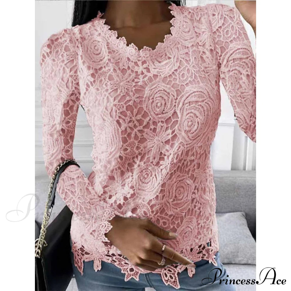 Women's Floral Lace Long Sleeve Blouse Shirt Pink __stock:200 clothes refund_fee:1200 tops