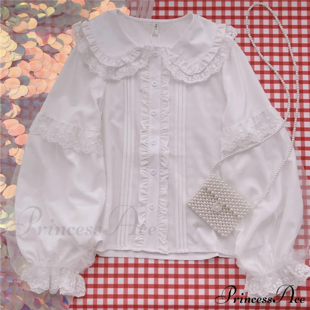 Long Blouse Arm Pan Ruffle Neckline Lolita Shirts Preppy Lace Women Blusas Peter Girls Jk White