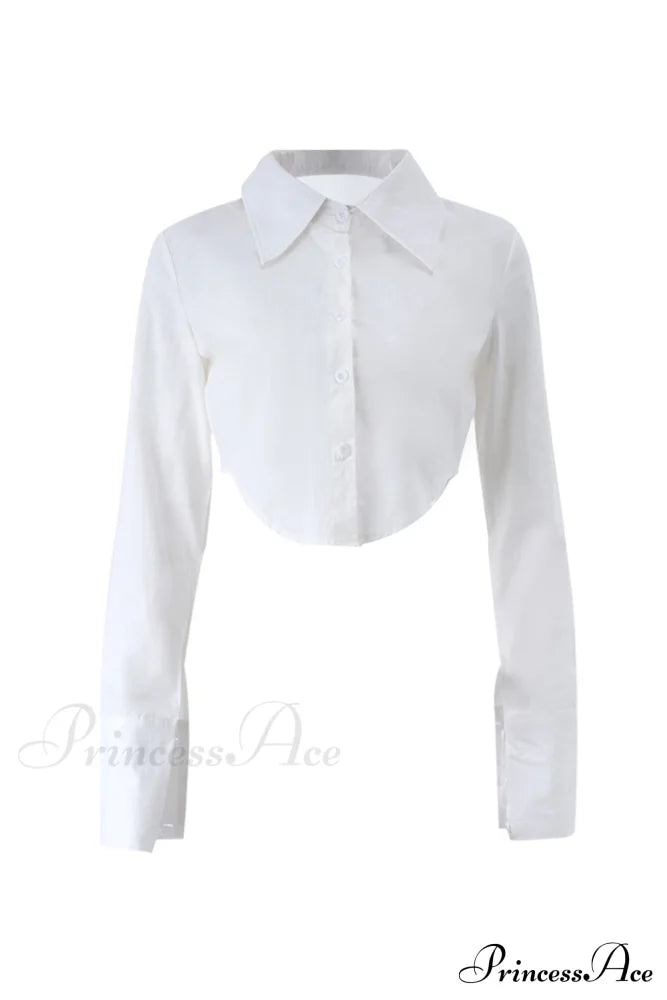 Long Button-Up Cropped Blouse Arm With White Lapel Blouses