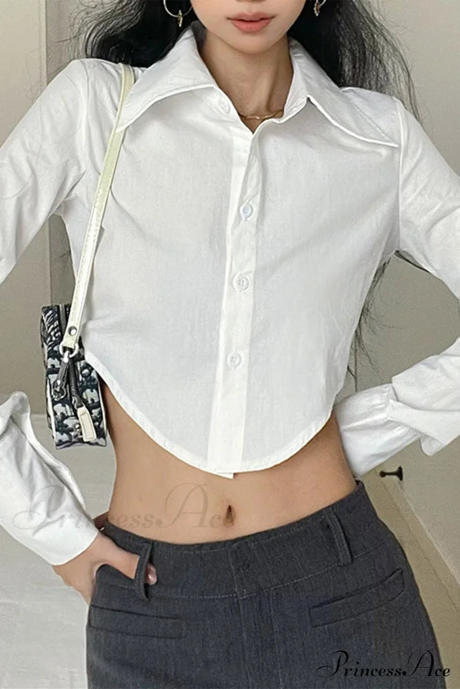 Long Button-Up Cropped Blouse Arm With White Lapel / L Blouses