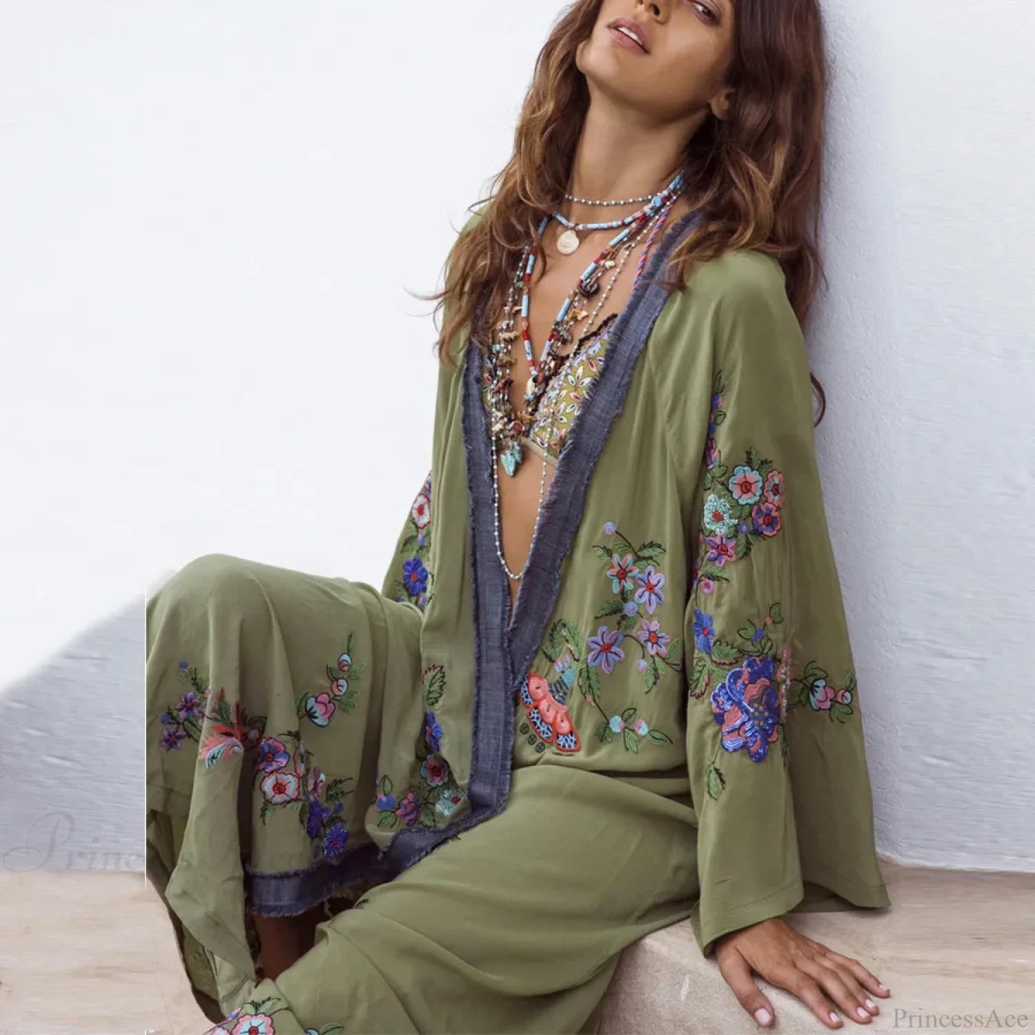 Long Floral Embroidery Beach Cover-Up Boho Cardigan army green / One Size bohoblouse-250126
