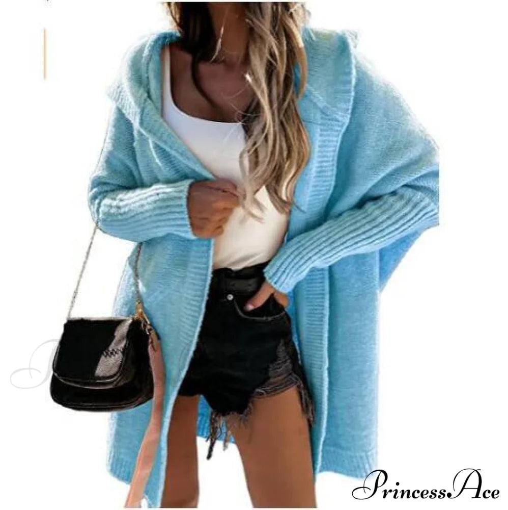 Long Hooded Cardigan Women Solid Color Braid Knit Overcoat Blue / S