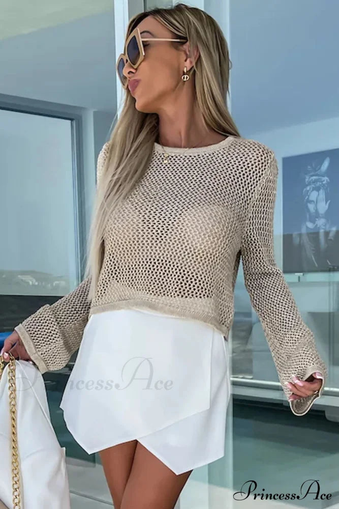 Long Khaki Arm Top Hollow-Out Knit With Detail Tops