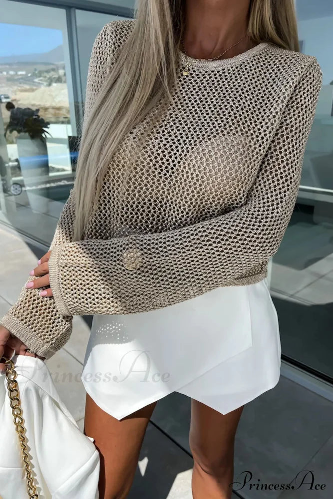 Long Khaki Arm Top Hollow-Out Knit With Detail Tops