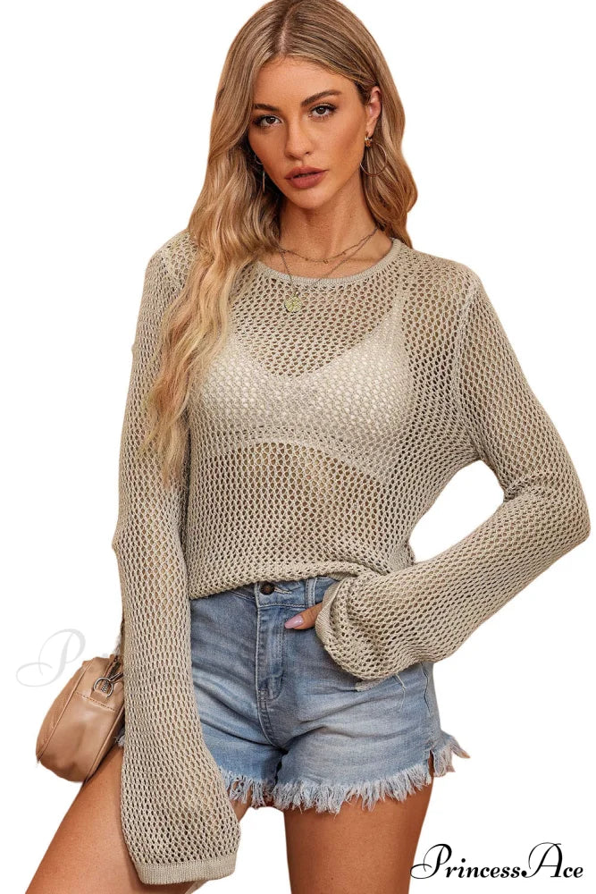 Long Khaki Arm Top Hollow-Out Knit With Detail Tops