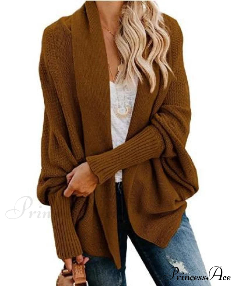 Long Knit Pocket Coat Female Casual Bat Sleeve Cardigan Dark Brown / S