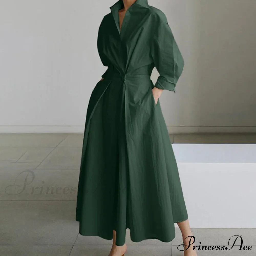 Women's Long Linen Dress Shirt Army Green __stock:200 casual dresses clothes dresses refund_fee:1200