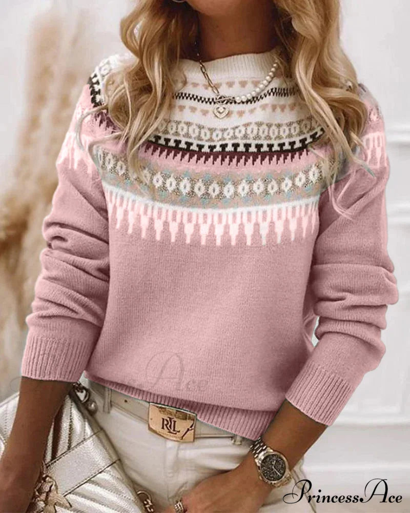 Long Sleeve Printed Pullover Sweaters Pink 2023 f/w 23BF clothes discount pullovers spring Sweaters sweaters & cardigans Tops/Blouses
